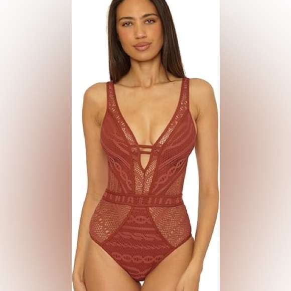 BECCA Color Play - Women's One Piece Swimsuit, Plunge, Crochet, Bronzed, X-Large - Picture 3 of 11